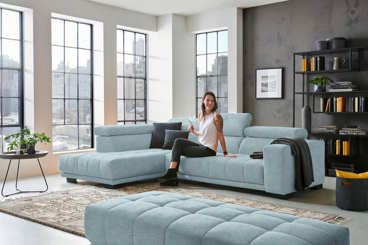 ECKSOFA in Mikrofaser Hellblau  207/301 cm  - Schwarz/Hellblau, Design, Textil/Metall (207/301cm) - Xora