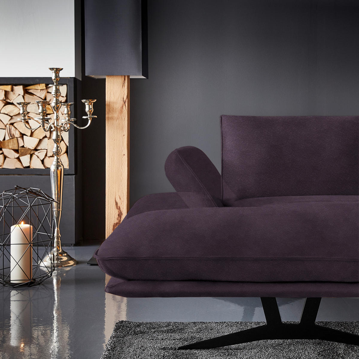 WOHNLANDSCHAFT Formia in Echtleder Violett  - Violett/Schwarz, Natur, Leder/Metall (155/359/217cm) - Dieter Knoll