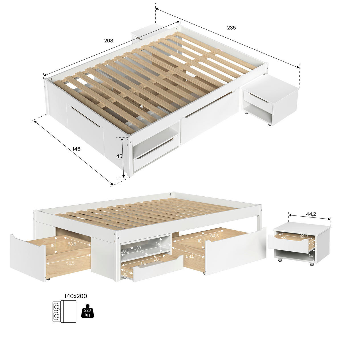 STAURAUMBETT 140/200 cm  Weiss   - Weiss/Naturfarben, Modern, Holz/Holzwerkstoff (140/200cm) - P & B