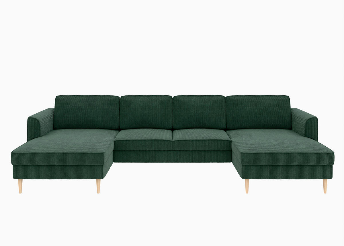 WOHNLANDSCHAFT Dunkelgrün Cord  - Dunkelgrün/Buchefarben, MODERN, Holz/Textil (161/306/161cm) - Trendmanufaktur