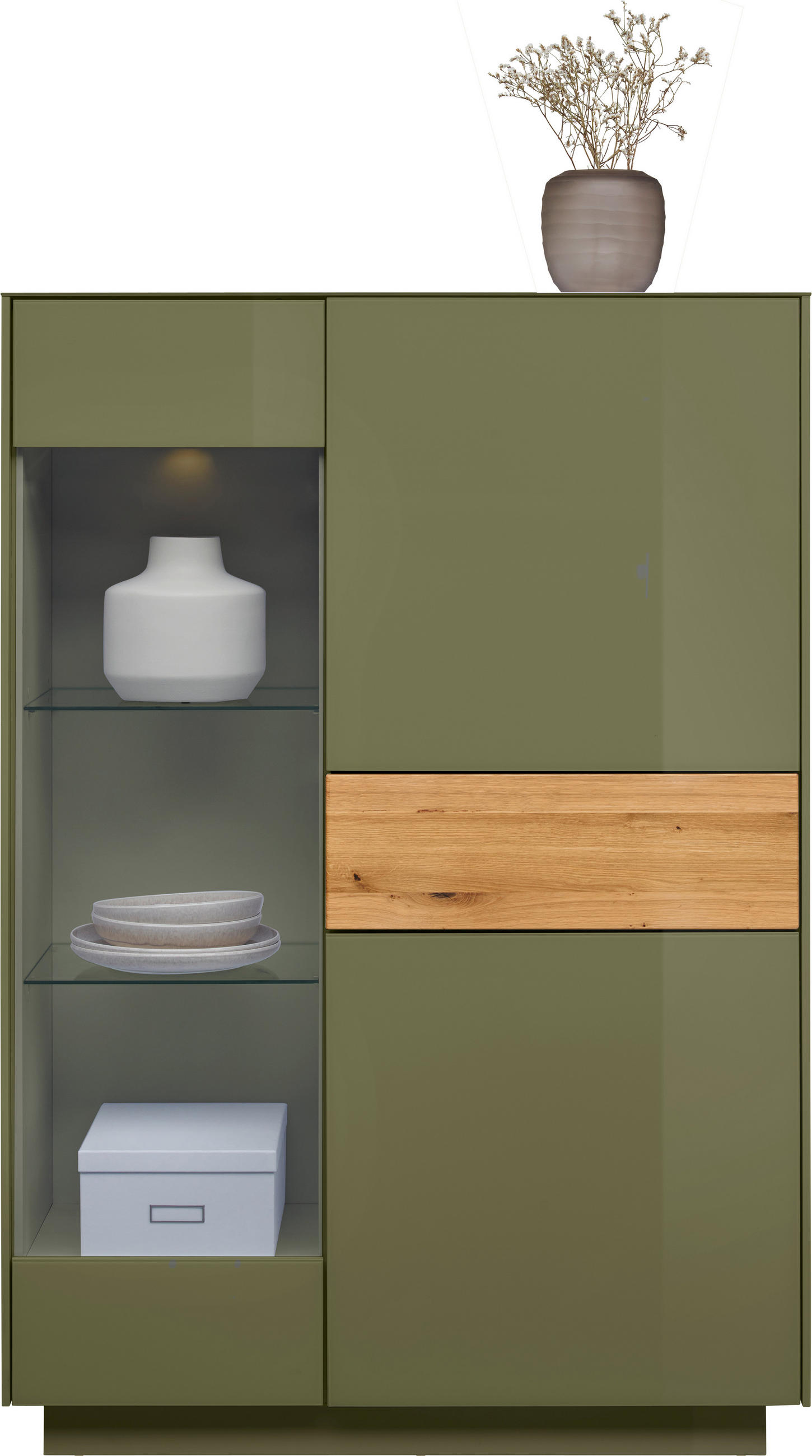 HIGHBOARD Triest Triest Olivgrün, Eichefarben  101/150/42 cm  - Eichefarben/Olivgrün, Design, Glas/Holz (101/150/42cm) - Novel