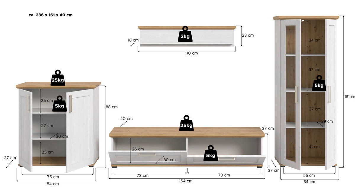 WOHNWAND 4-teilig  in Lärchefarben, Eiche Artisan  336/161/40 cm  - Silberfarben/Lärchefarben, Design, Holzwerkstoff/Kunststoff (336/161/40cm) - Livetastic