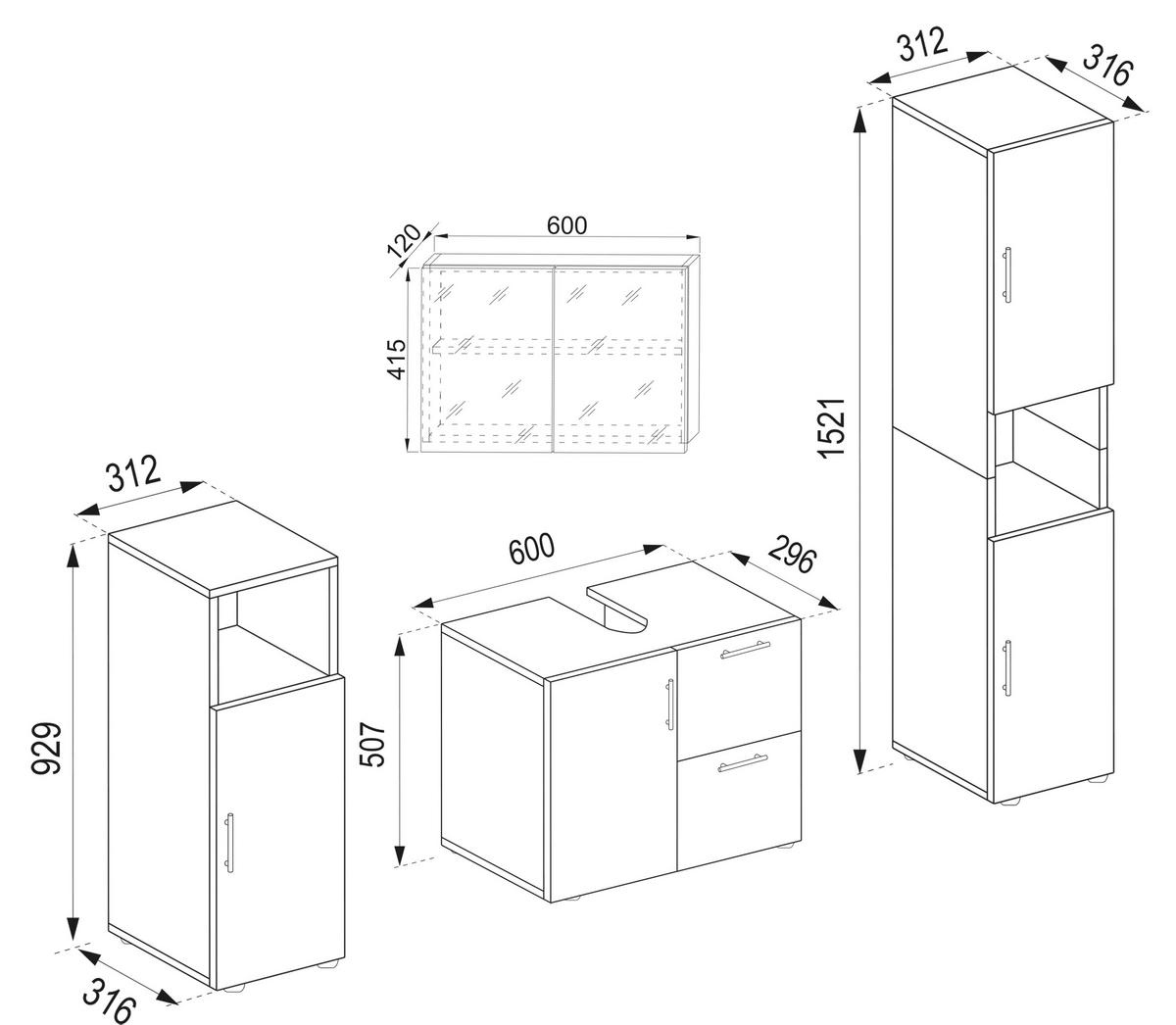 BADEZIMMER 4-teilig  in 123 cm  - Honigeiche/Anthrazit, MODERN, Holzwerkstoff/Kunststoff (123cm) - MID.YOU