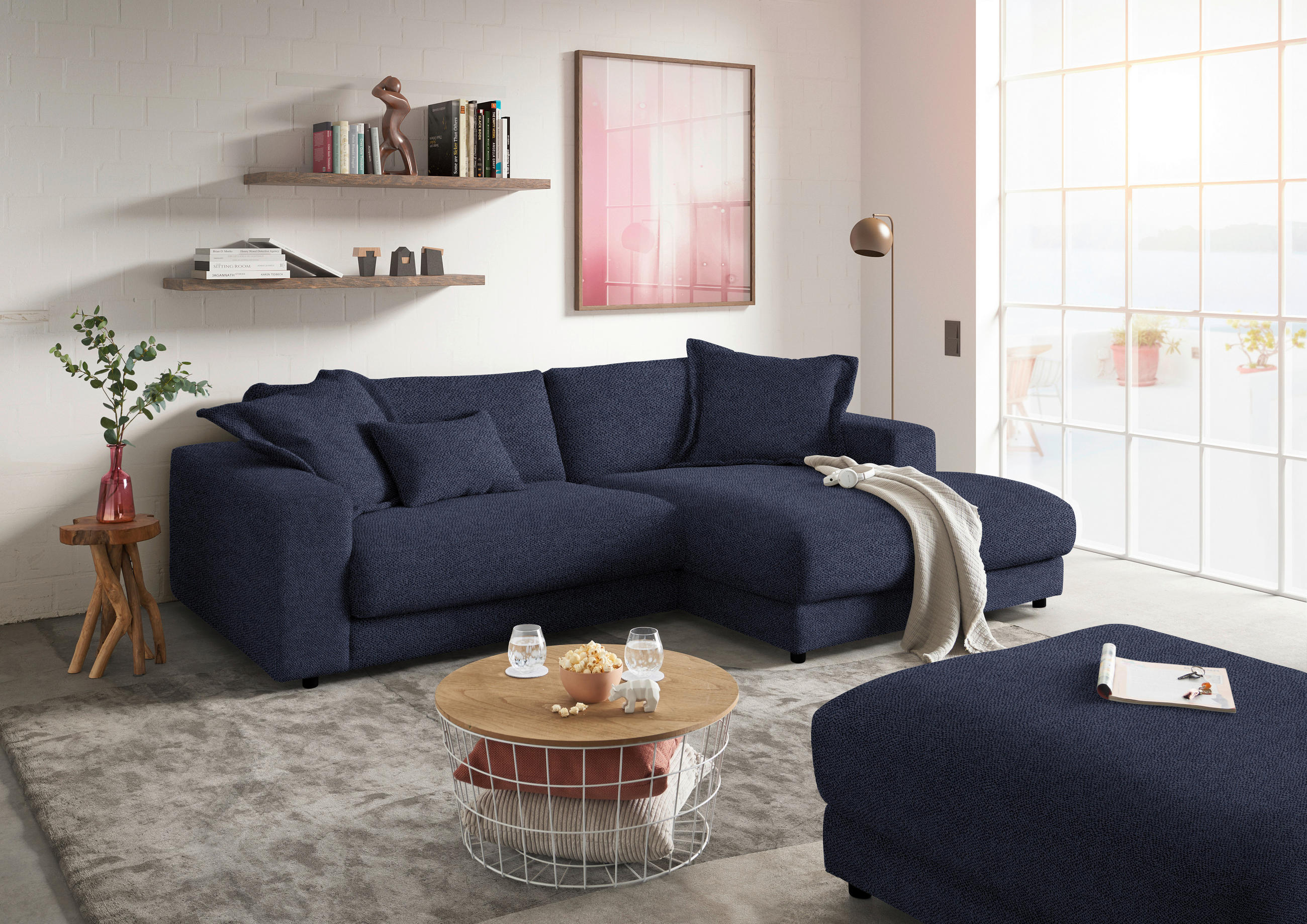 ECKSOFA in Flachgewebe Dunkelblau  - Schwarz/Dunkelblau, Design, Kunststoff/Textil (270/190cm) - Lomoco