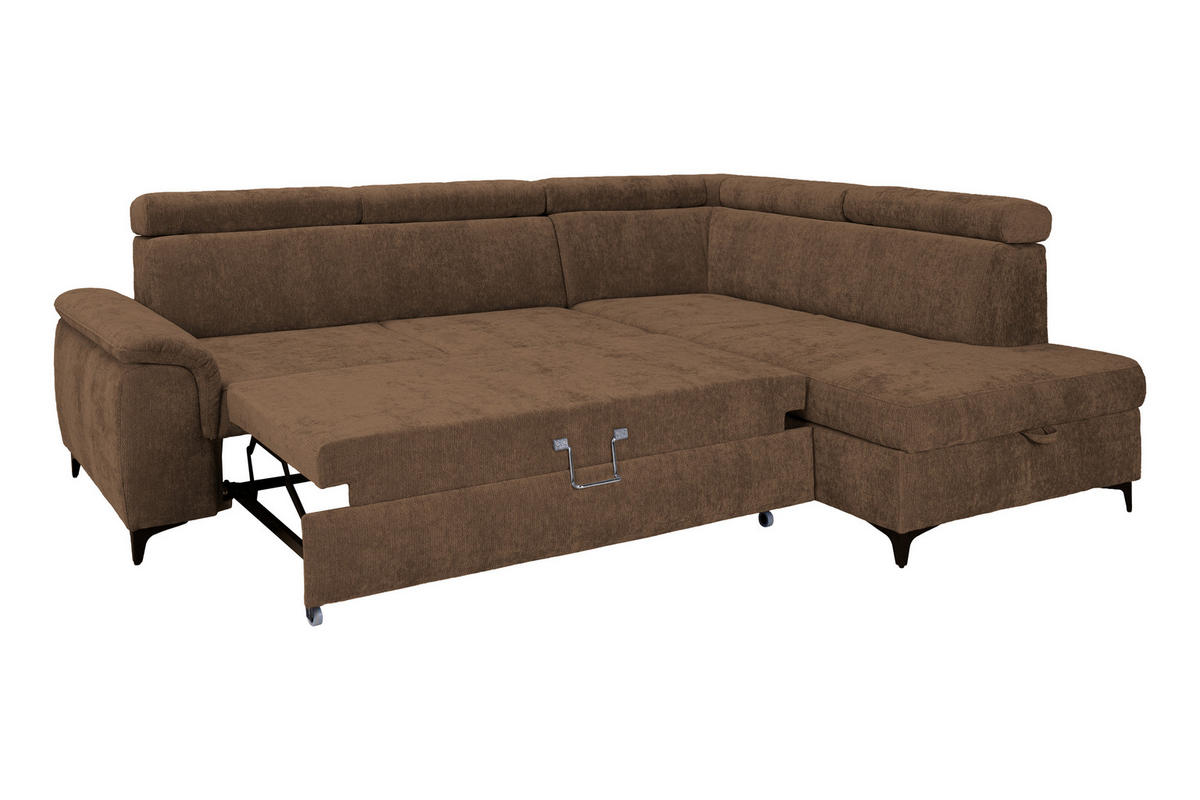 ECKSOFA Braun Chenille Bettkasten, Schlaffunktion, Rücken echt, Kopfteilverstellung, Liegefläche im Originalstoff  - Schwarz/Braun, KONVENTIONELL, Textil/Metall (265/206cm) - Carryhome
