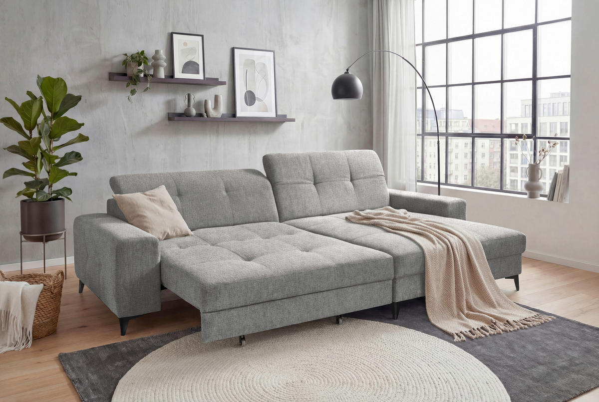 ECKSOFA SORELLA Grau Chenille Kopfteilverstellung, Sitztiefenverstellung  - Schwarz/Grau, Design, Kunststoff/Textil (328/182cm) - MID.YOU