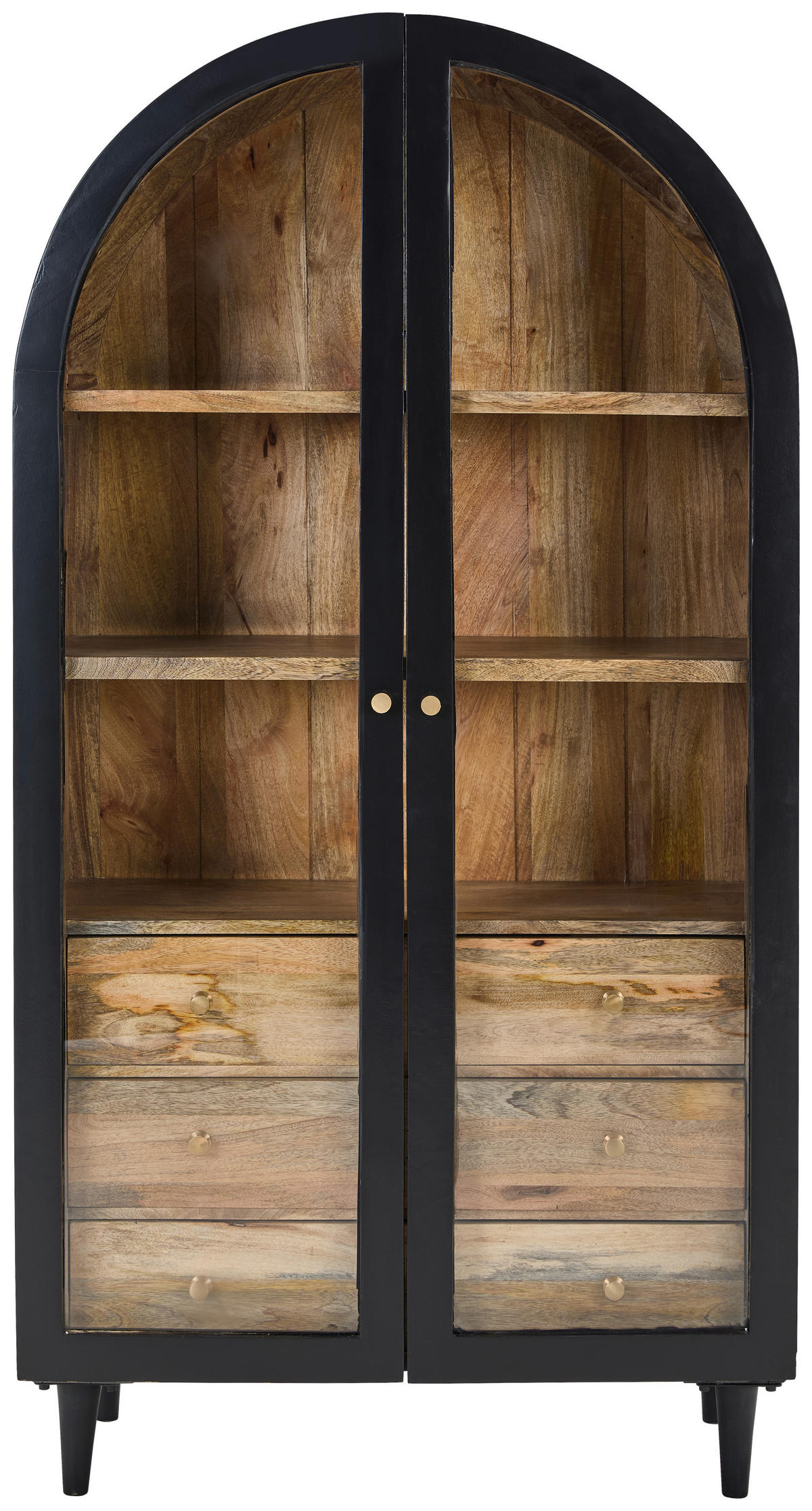 VITRINE in vollmassiv Mangoholz Naturfarben, Schwarz  - Goldfarben/Schwarz, Design, Glas/Holz (96/170/40cm) - Livetastic