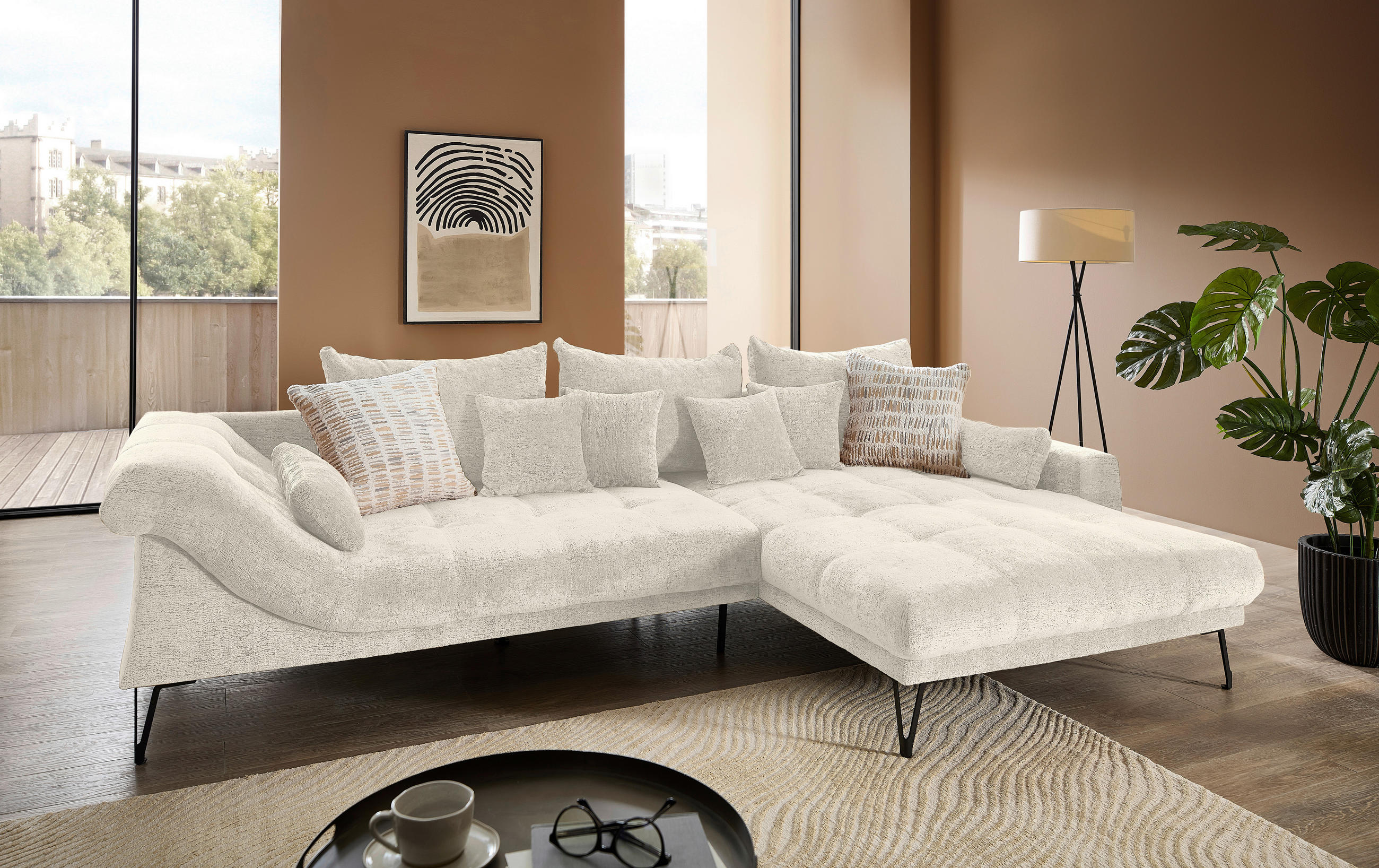 ECKSOFA GARDA in Chenille Creme  310/192 cm  - Creme/Schwarz, KONVENTIONELL, Textil/Metall (310/192cm) - Livetastic