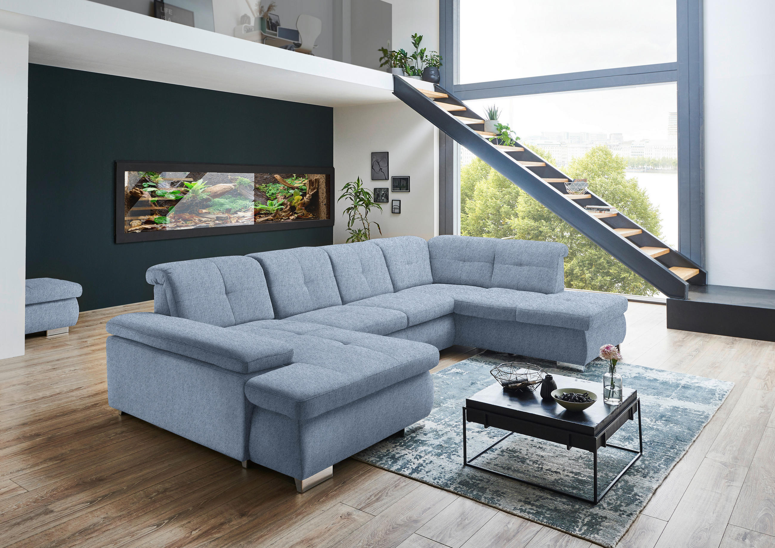 WOHNLANDSCHAFT in Webstoff Hellblau  - Schwarz/Hellblau, Design, Textil/Metall (174/337/210cm) - Beldomo Style