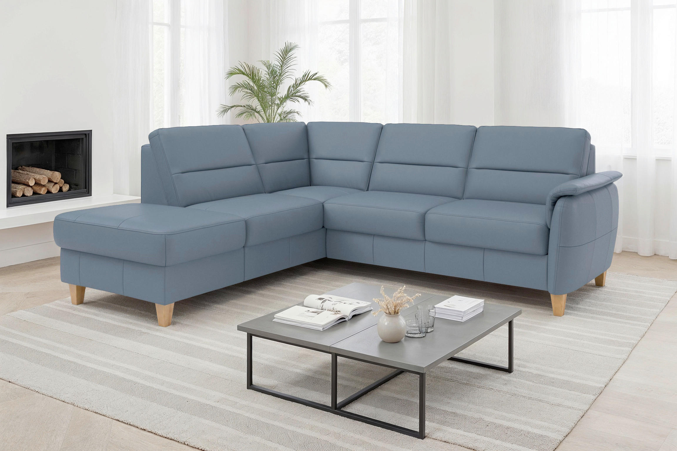 ROHOVÁ SEDAČKA, kůže, šedomodrá - šedomodrá/barvy dubu, Basics, dřevo/textil (212/236cm) - Sit & More