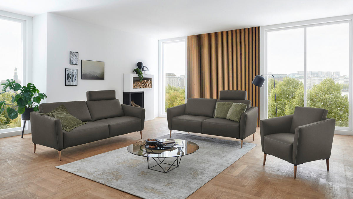 2-SITZER-SOFA Echtleder Dunkelgrau  - Eichefarben/Dunkelgrau, Natur, Leder/Holz (207/86/87cm) - Valnatura