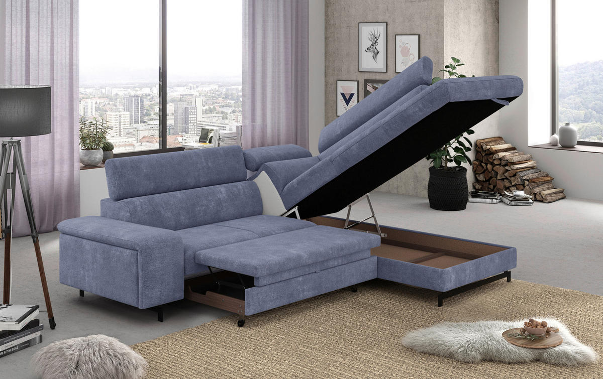 ECKSOFA Blau Chenille  - Blau/Schwarz, Textil/Metall (262/215cm) - MID.YOU