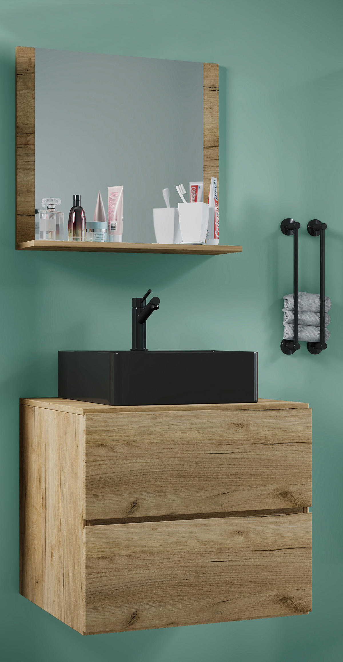 BADEZIMMER 3-teilig  in 61 cm  - Honigeiche/Schwarz, MODERN, Glas/Keramik (61cm) - MID.YOU