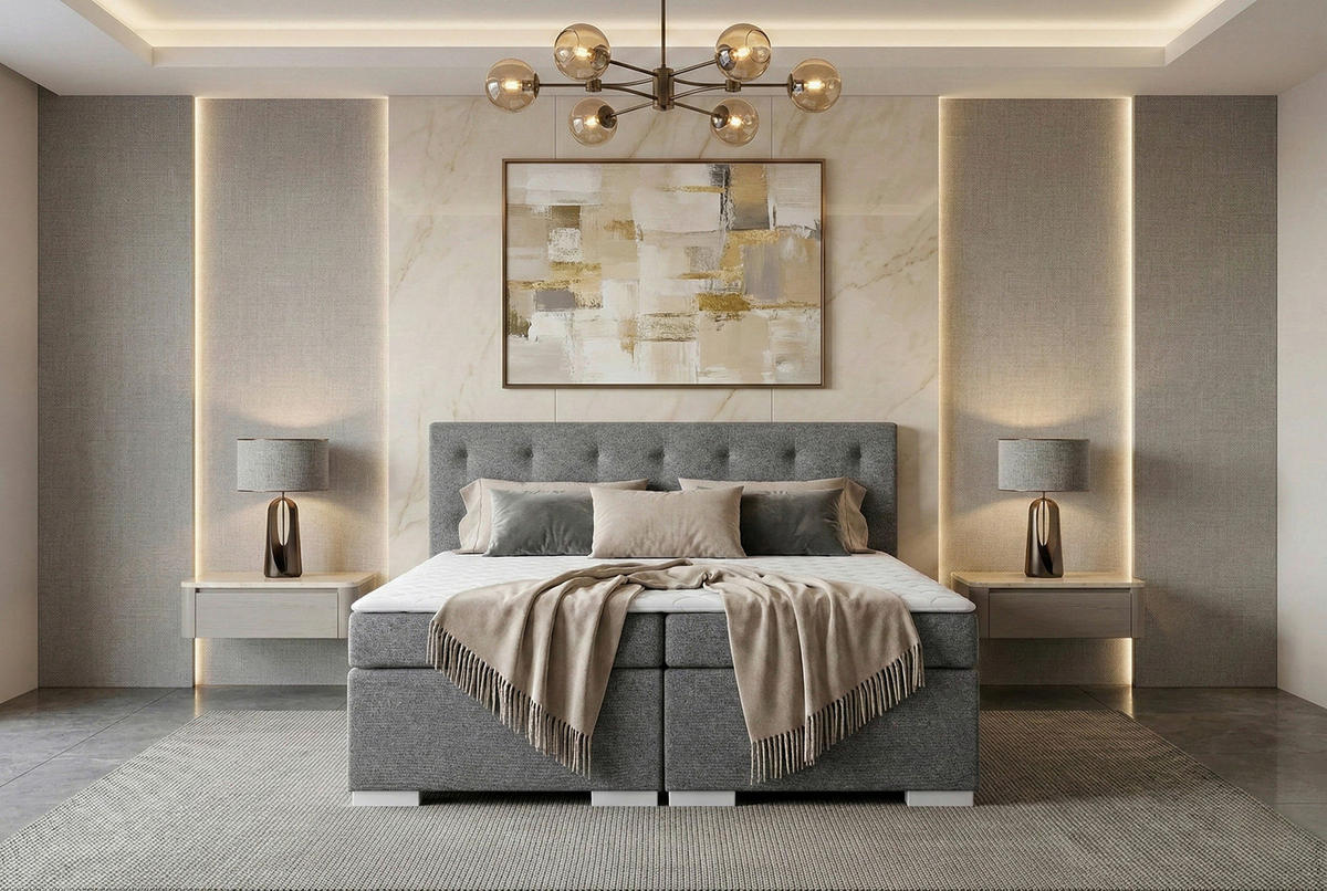 BOXSPRINGBETT 180/200 cm,  in Hellgrau, Topper, Matratzen, H3 = fest  - Chromfarben/Hellgrau, MODERN, Holzwerkstoff/Textil (180/200cm) - MID.YOU