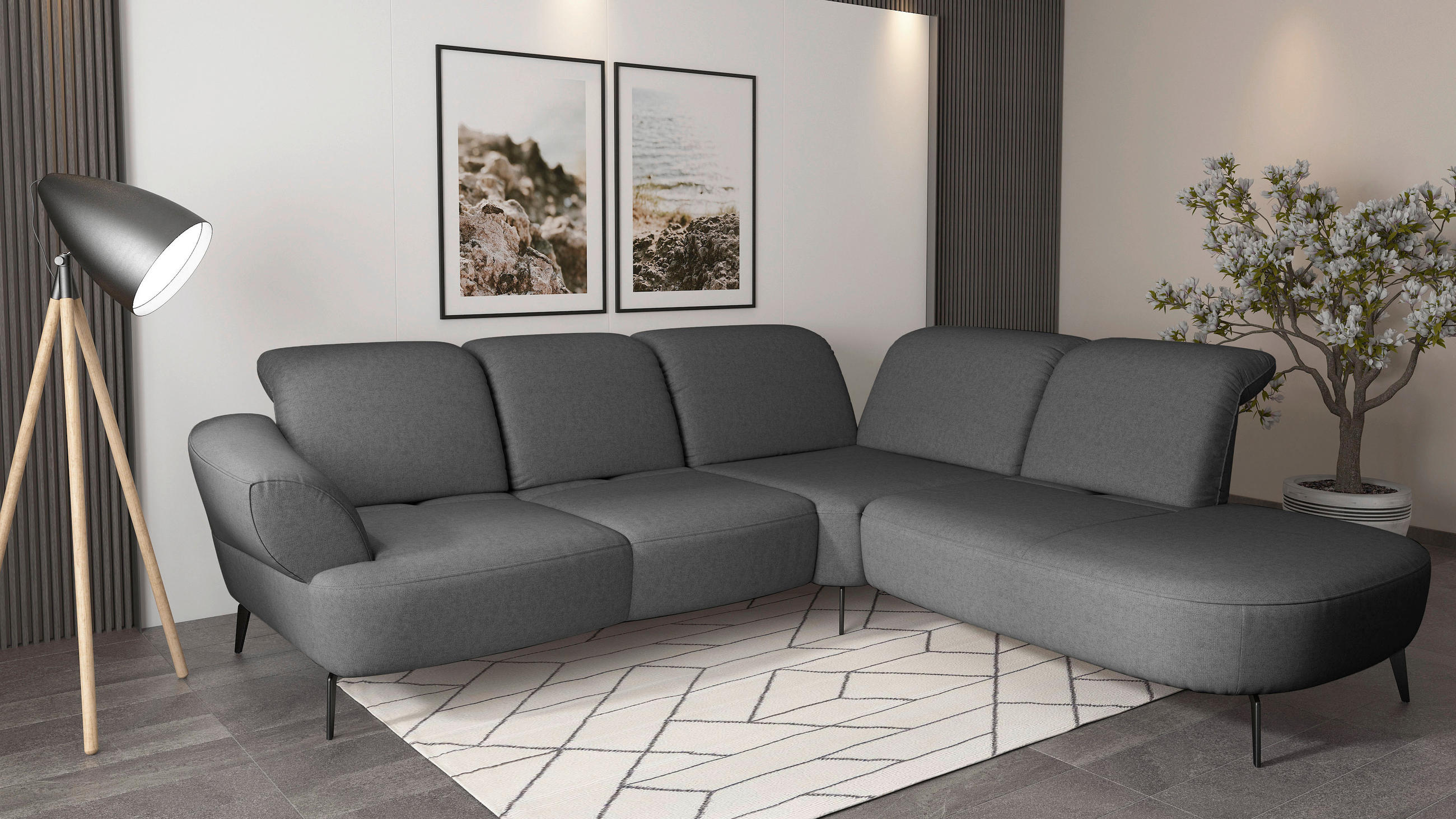 ECKSOFA in Flachgewebe Dunkelgrau - Dunkelgrau/Schwarz, Modern, Textil/Metall (302/270cm) - Sit & More