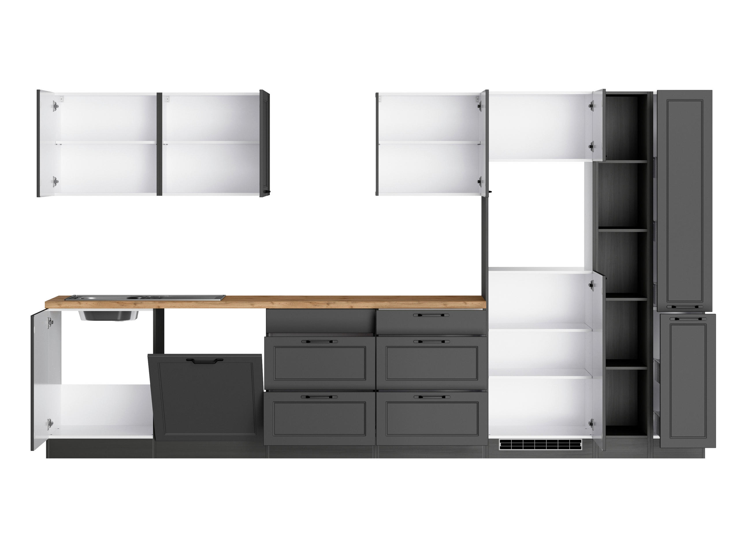 KÜCHENLEERBLOCK 360 cm   in Grau, Eiche Wotan  - Eiche Wotan/Schwarz, LIFESTYLE, Holzwerkstoff/Metall (360cm) - Held