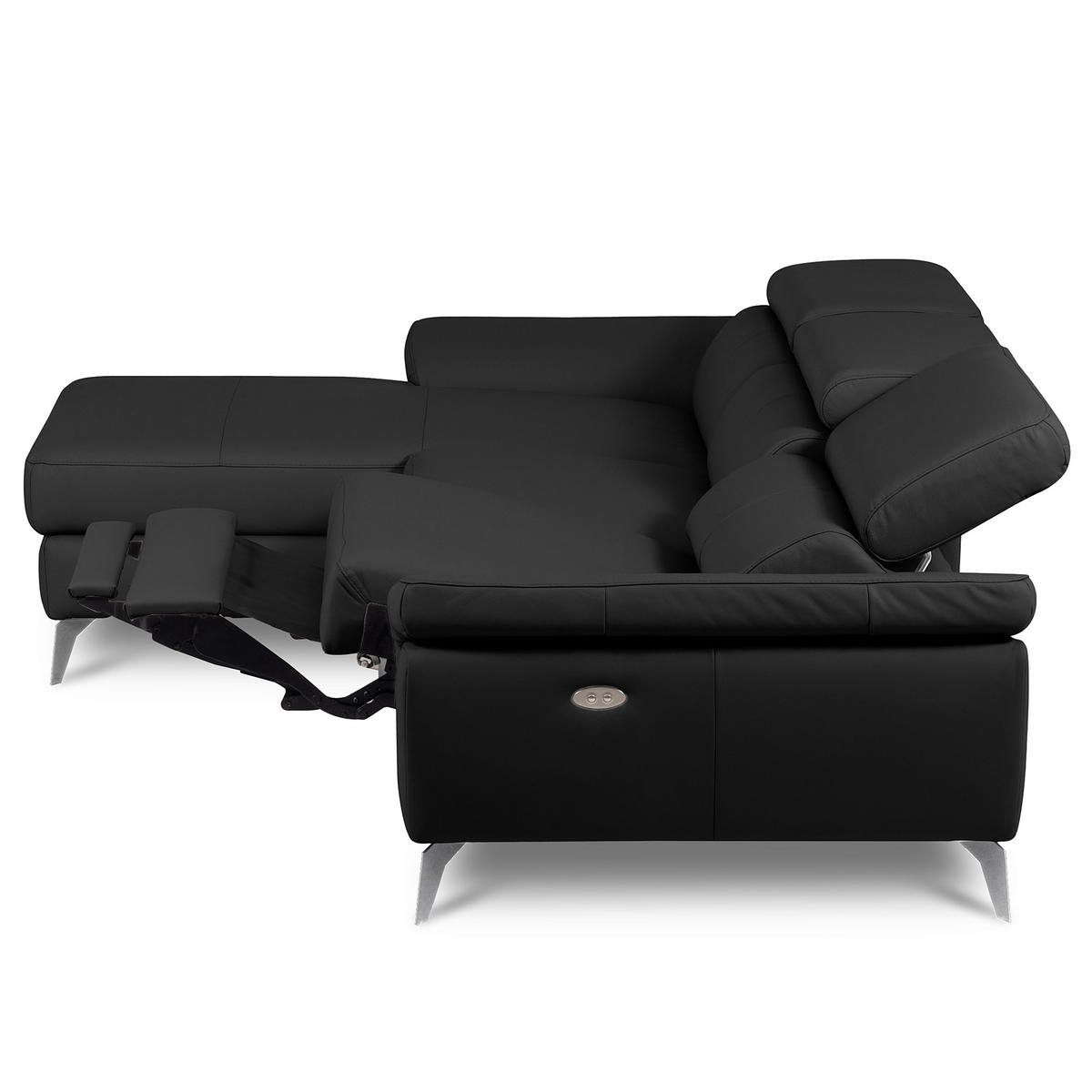 ECKSOFA SONO Schwarz Echtleder Lederlook Bettkasten, Armteilverstellung, Kopfteilverstellung  - Chromfarben/Schwarz, Design, Leder/Textil (252/179cm) - Livetastic
