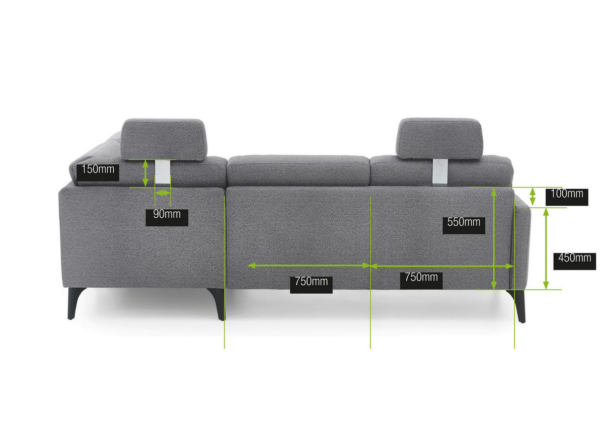 ECKSOFA Grau Flachgewebe  - Schwarz/Grau, KONVENTIONELL, Textil/Metall (255/218cm) - Elegando