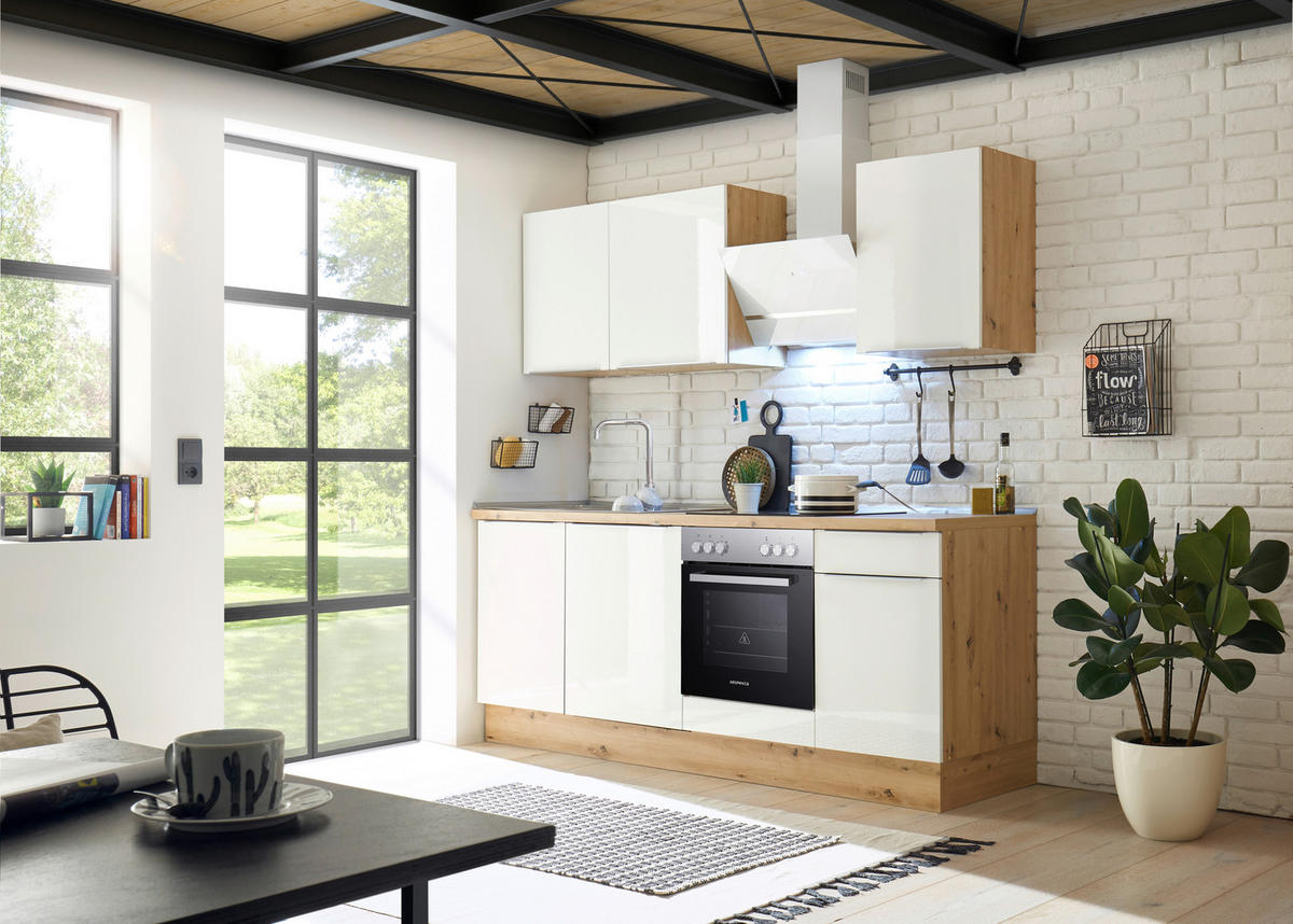 MODULKÖK 220 cm   i ek Artisan, vit högglans  - aluminiumfärg/vit högglans, Lifestyle, trämaterial/plast (220cm) - Respekta