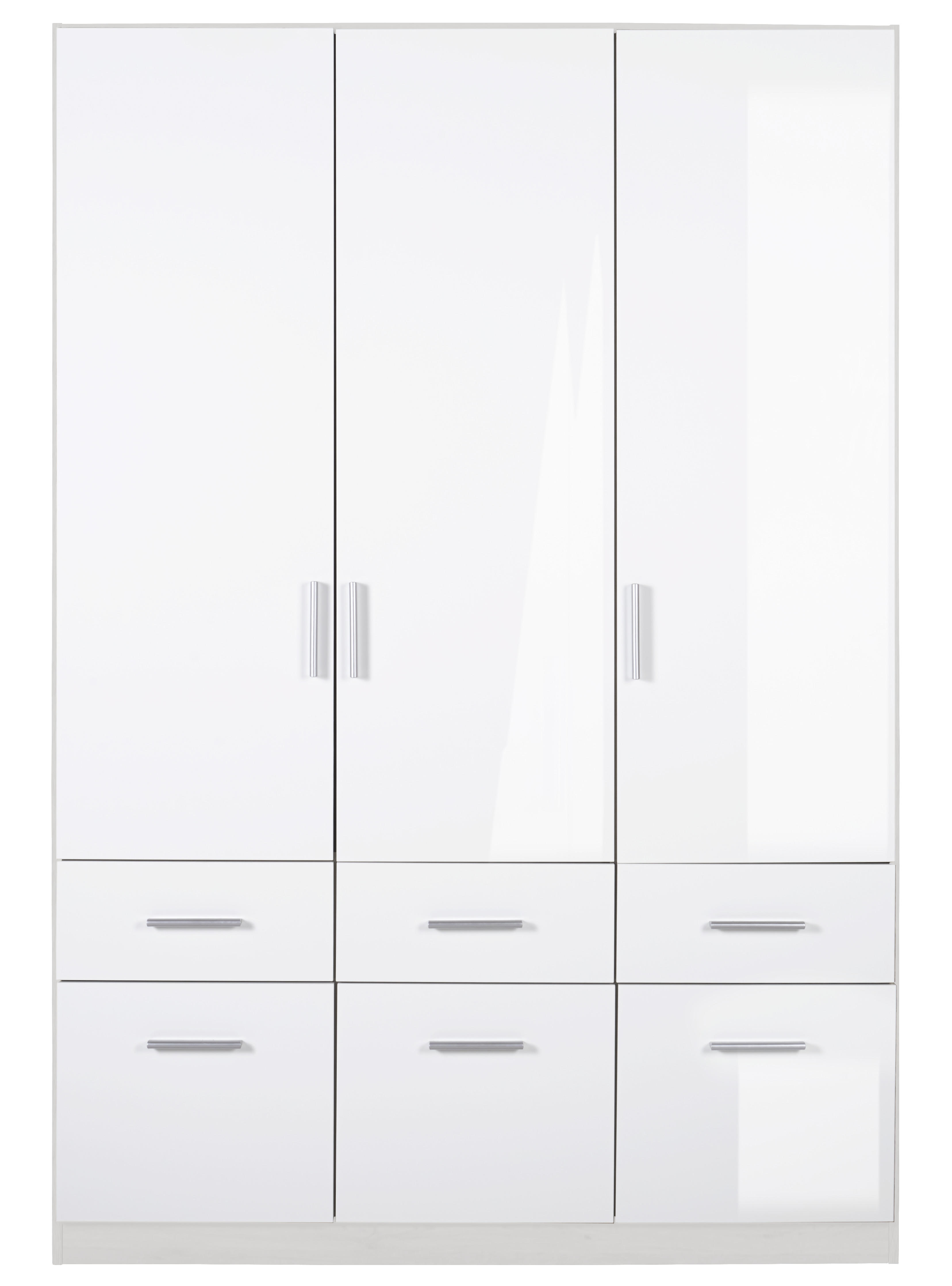 DREHTÜRENSCHRANK 3-türig Weiß, Weiß Hochglanz  - Weiß Hochglanz/Alufarben, Design, Holzwerkstoff/Kunststoff (136/197/54cm) - Carryhome