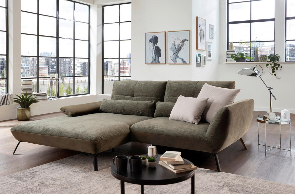 ECKSOFA Olivgrün Flachgewebe  - Schwarz/Olivgrün, Trend, Textil/Metall (191-207/273cm) - Livetastic
