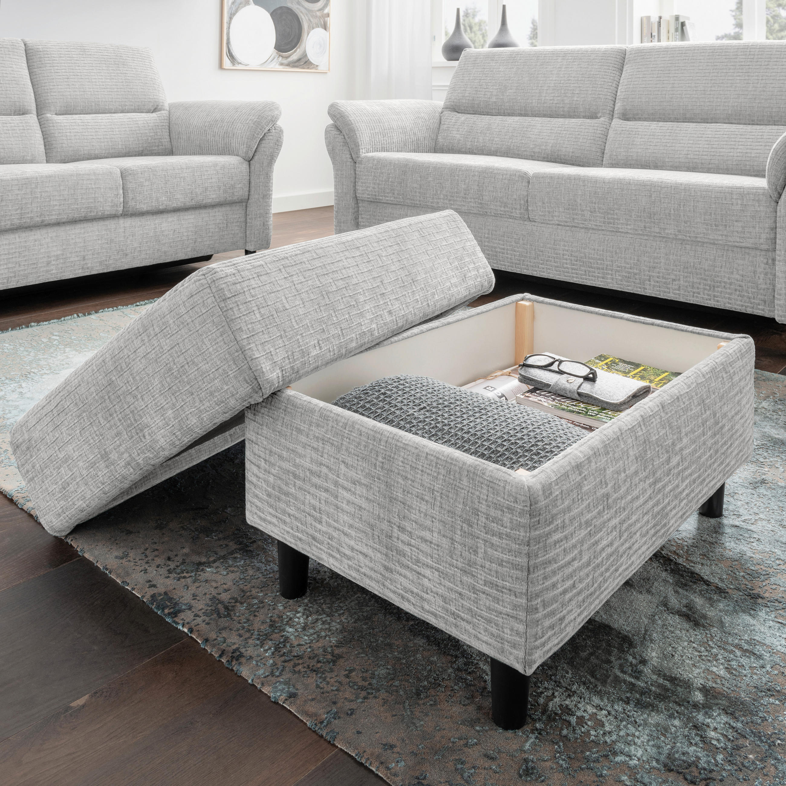 Thumbnail - Livetastic Hocker, Weiß, Textil, Buche, rechteckig, 76x46x55 cm, Made in EU, Stauraum, Wohnzimmer, Hocker, Sitzhocker