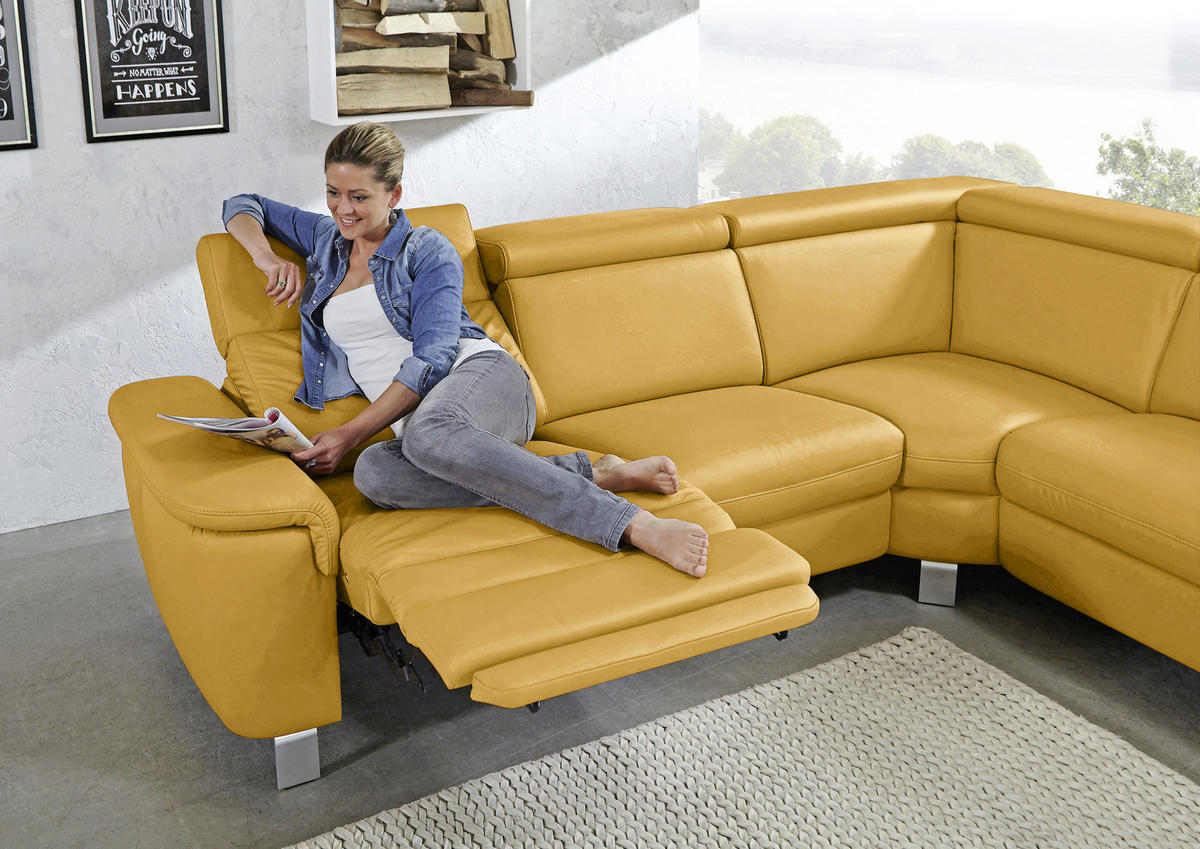 ECKSOFA Gelb Echtleder  - Gelb/Alufarben, Design, Leder/Metall (239/271cm) - Cantus