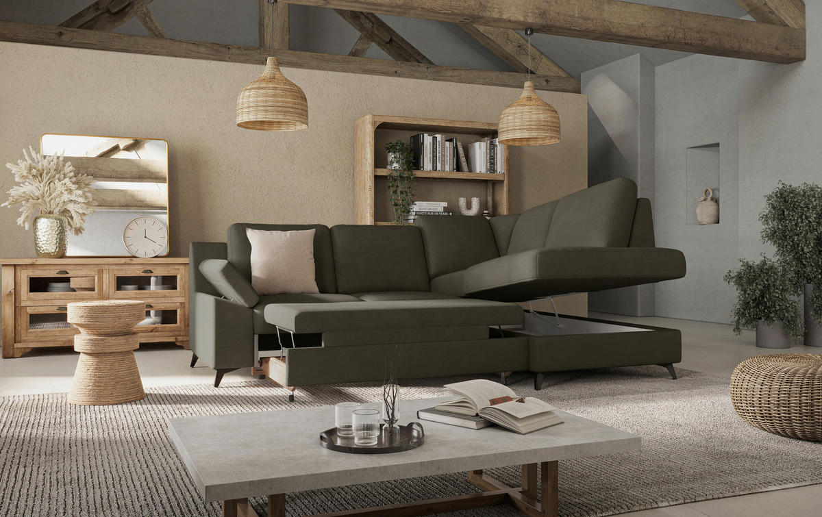 ECKSOFA in Flachgewebe Dunkelgrün  - Dunkelgrün/Schwarz, Konventionell, Textil/Metall (242/170cm) - Cotta