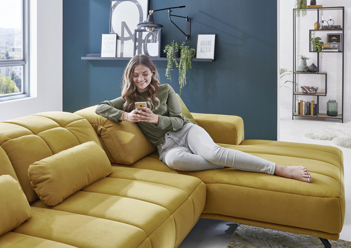 ECKSOFA in Velours Currygelb  - Currygelb/Schwarz, Design, Textil/Metall (195/293cm) - Beldomo Style