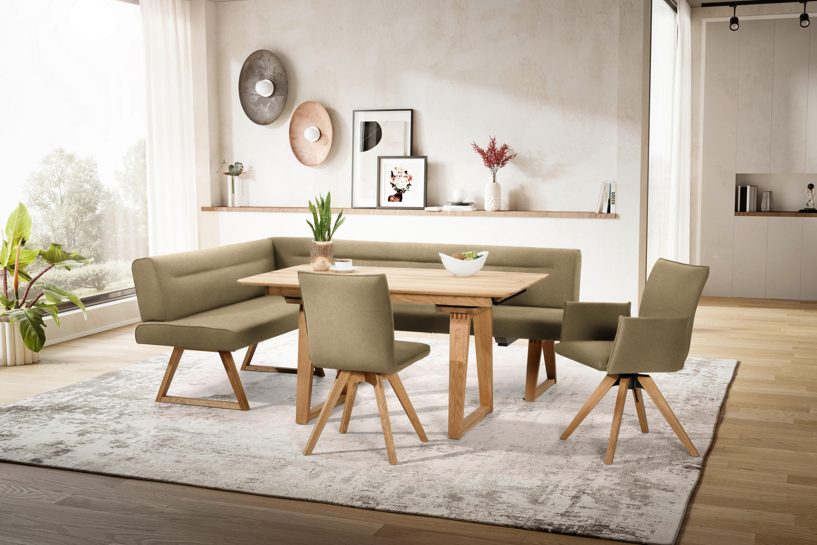ECKBANK 170/230 cm Mikrofaser, Lederlook (vegan) Eichefarben, Olivgrün Wildeiche massiv - Eichefarben/Olivgrün, KONVENTIONELL, Holz/Textil (170/230cm) - Moderano