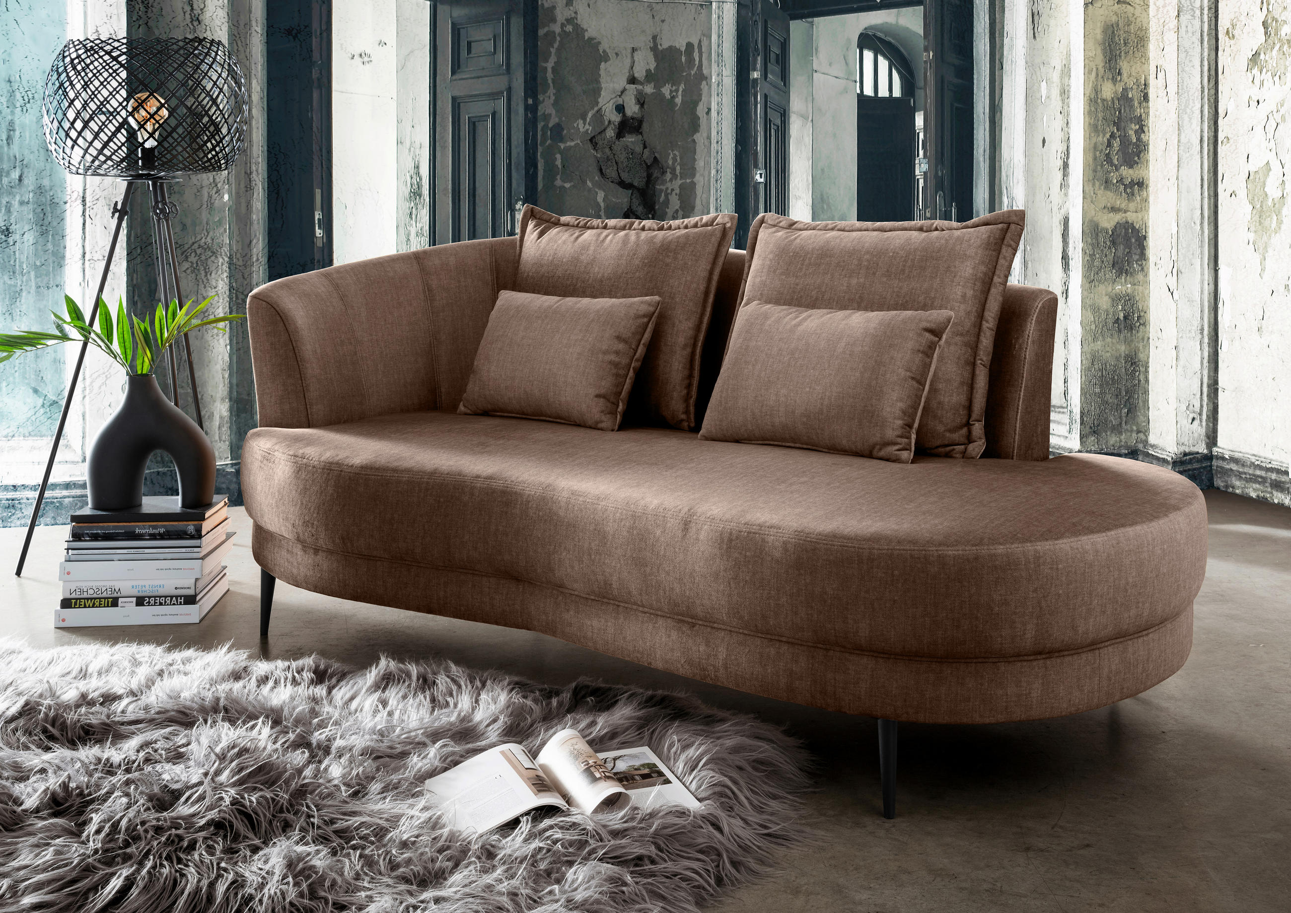 OTTOMANE in Velours Hellbraun  - Hellbraun/Schwarz, Modern, Textil/Metall (211/85/101cm) - Livetastic