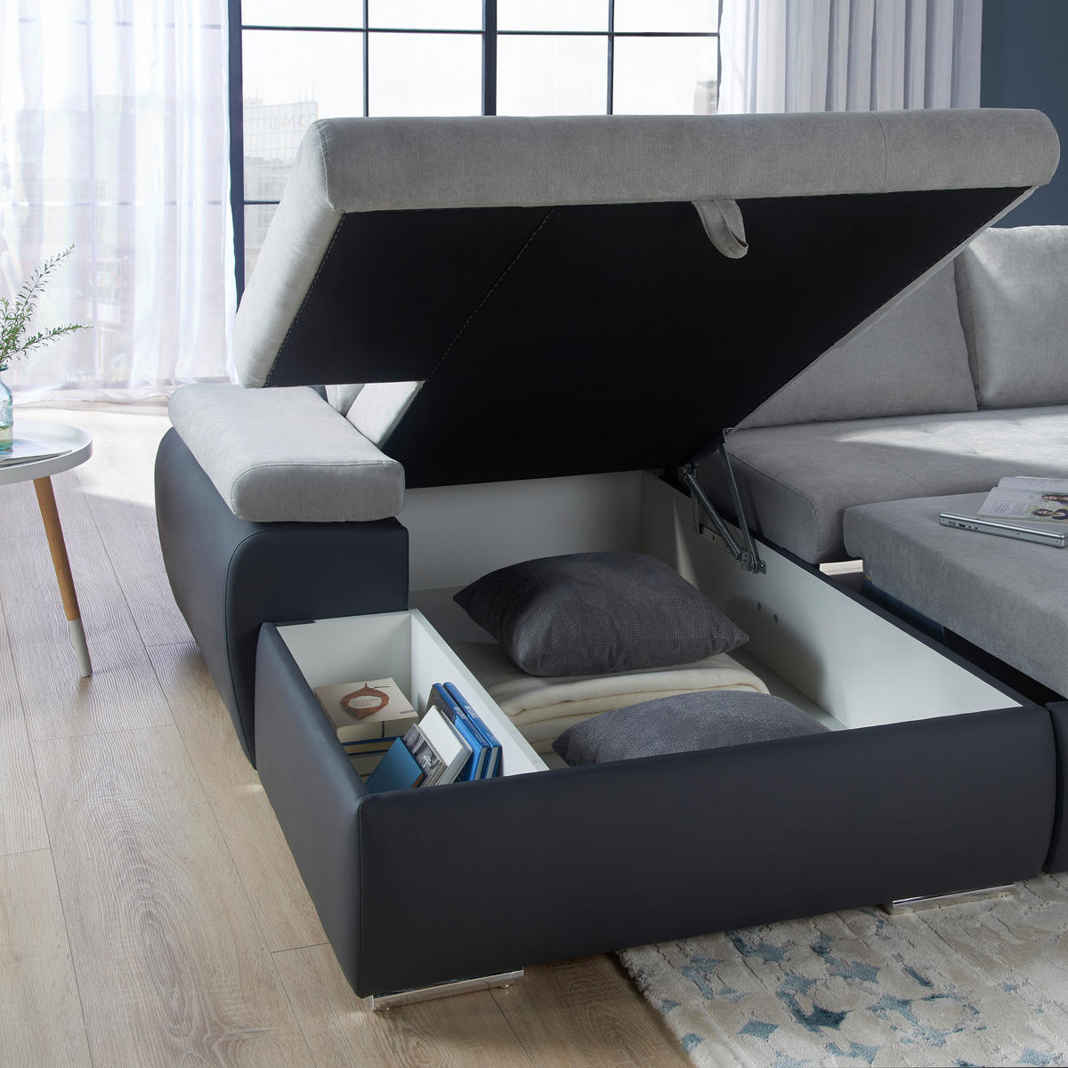 ECKSOFA in Flachgewebe Grau, Dunkelgrau  - Dunkelgrau/Grau, Design, Kunststoff/Textil (175/271cm) - MID.YOU