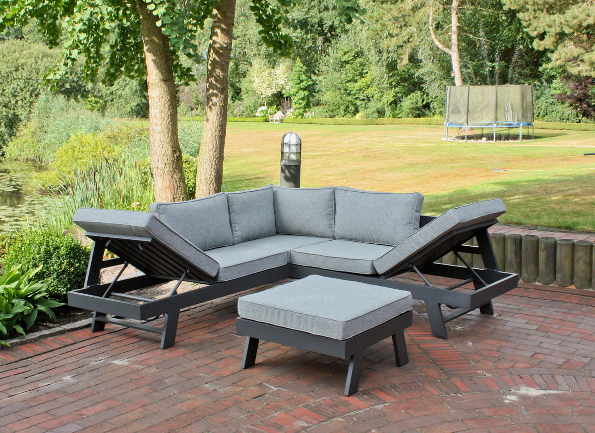 LOUNGEGARNITUR 3-teilig   Aluminium  - Schwarz/Grau, Basics, Kunststoff/Textil - Gardenson