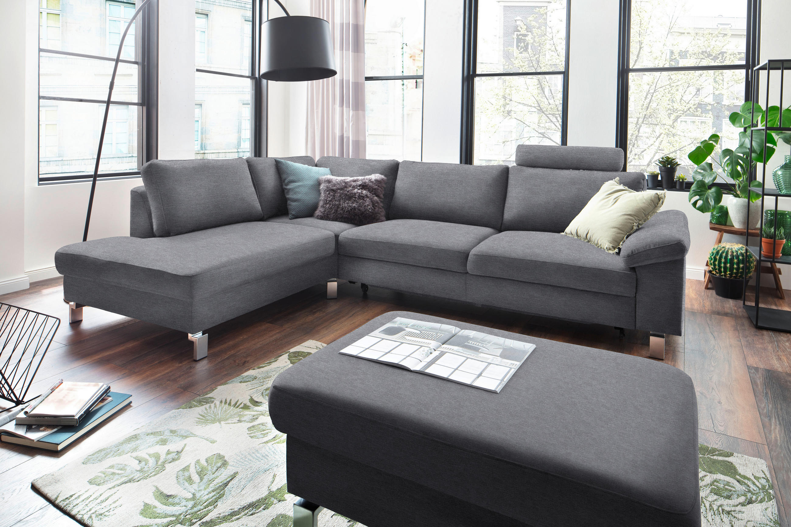 ECKSOFA in Velours Grau  - Chromfarben/Grau, Design, Textil/Metall (200/282cm) - Pure Home Lifestyle