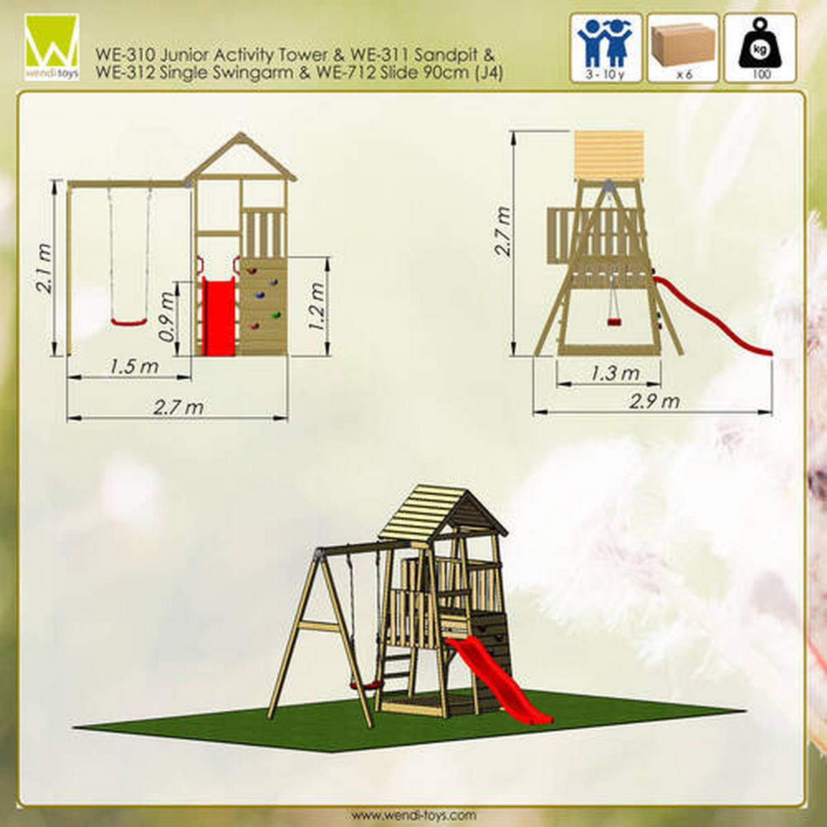 SPIELTURM 270/270/290 cm  - Rot/Naturfarben, KONVENTIONELL, Holz (270/270/290cm) - Ambia Garden