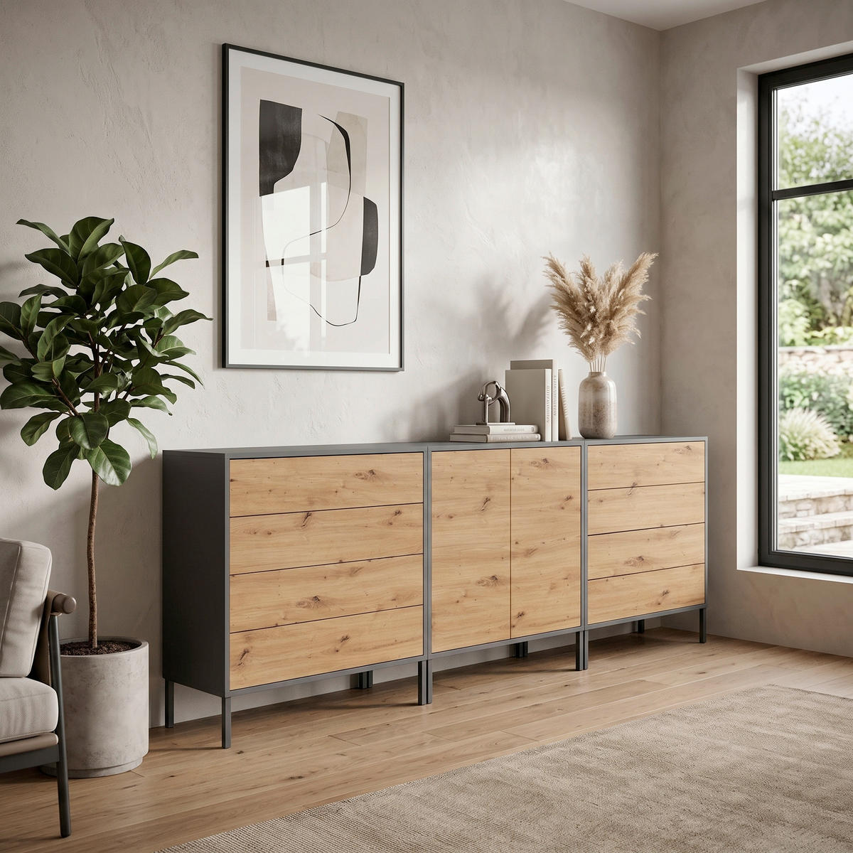 SIDEBOARD Mailand Set 4 + MF 237/86/33 cm 8 Schublade(n)  - Anthrazit/Eiche Artisan, MODERN, Holzwerkstoff/Metall (237/86/33cm) - MID.YOU