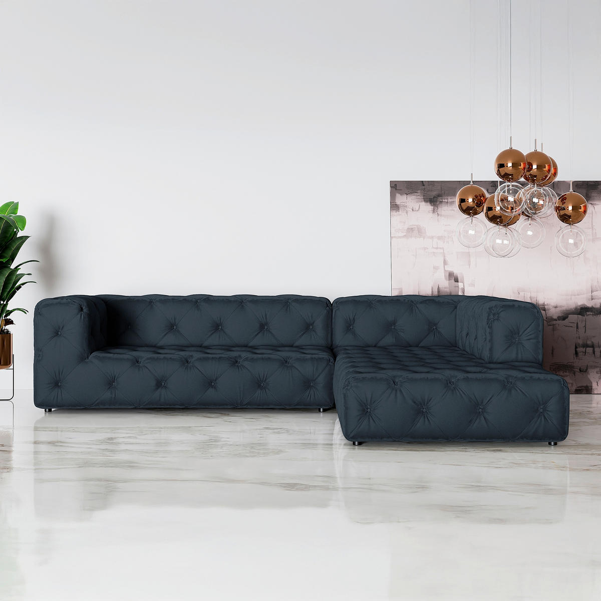 ECKSOFA Fresco in Samt Dunkelblau  325/228 cm  - Schwarz/Dunkelblau, Design, Kunststoff/Textil (325/228cm) - P & B