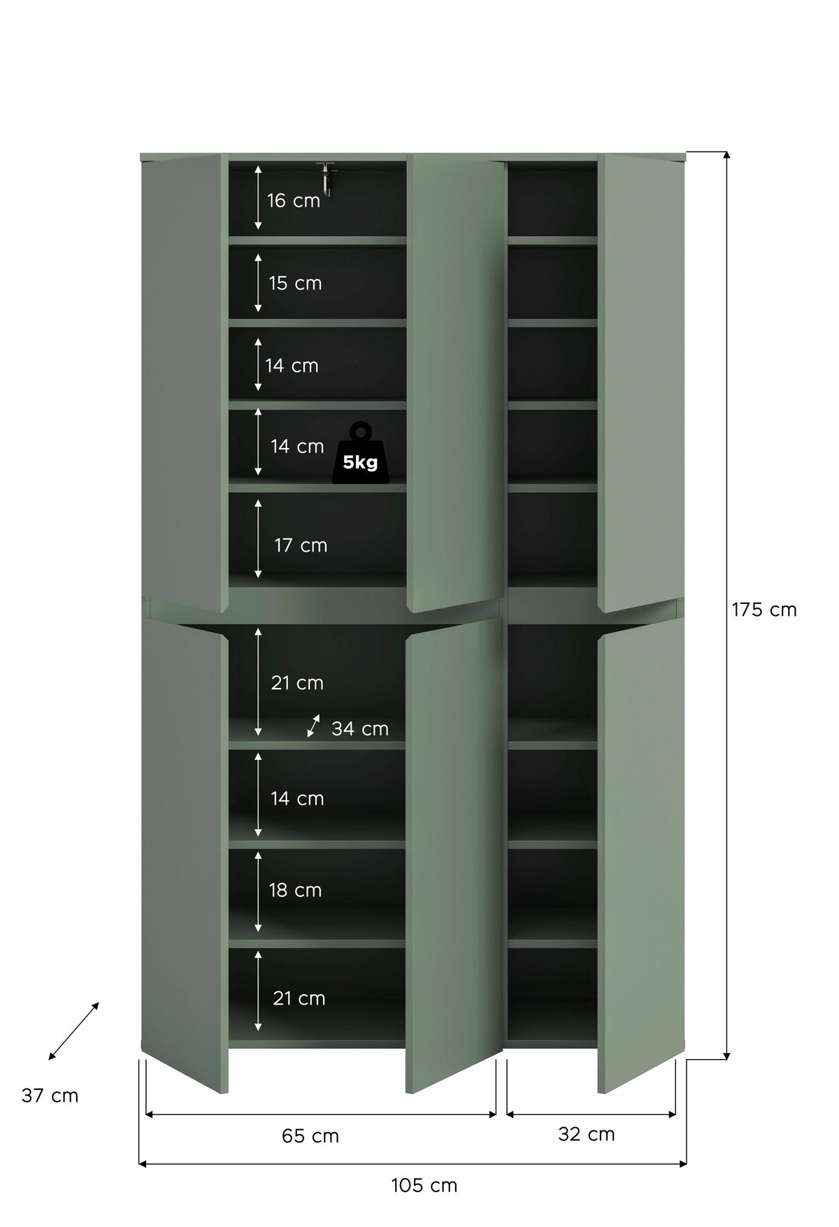 GARDEROBENSCHRANK  in 105/175/37 cm  - Schwarz/Graugrün, Design, Holzwerkstoff/Kunststoff (105/175/37cm) - Livetastic