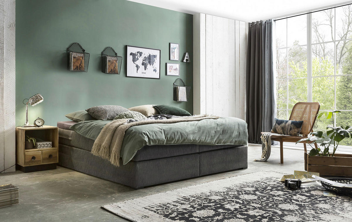 BOXSPRINGBETT 180/200 cm,  in Weiß, Dunkelgrau, Matratze, Topper, H3 + H3 = fest  - Dunkelgrau/Schwarz, Basics, Kunststoff/Textil (180/200cm) - Livetastic