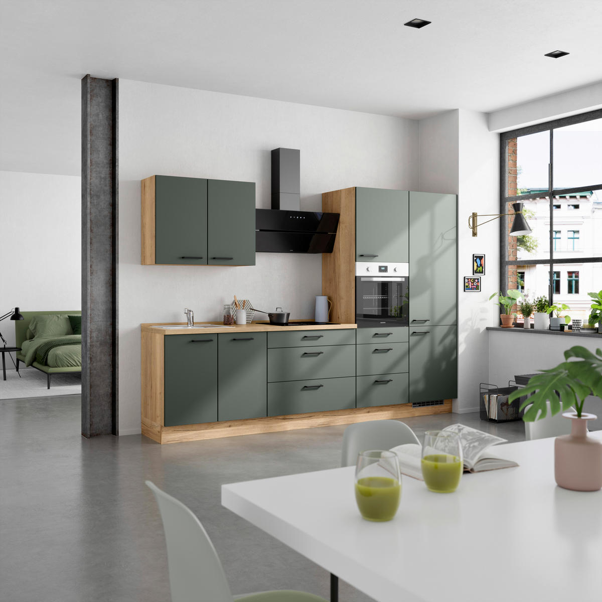 KÜCHENBLOCK Easytouch 300 cm  in Eichefarben, Dunkelgrün  - Dunkelgrün/Eichefarben, MODERN, Holzwerkstoff/Metall (300cm) - Nobilia