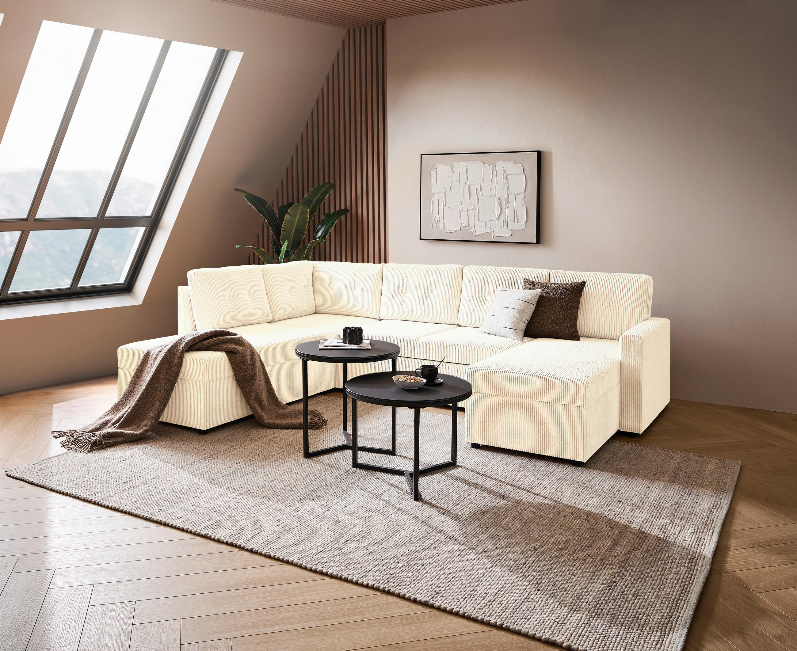WOHNLANDSCHAFT in Cord Creme  - Creme/Schwarz, Konventionell, Kunststoff/Textil (155/293/126cm) - Ti'me