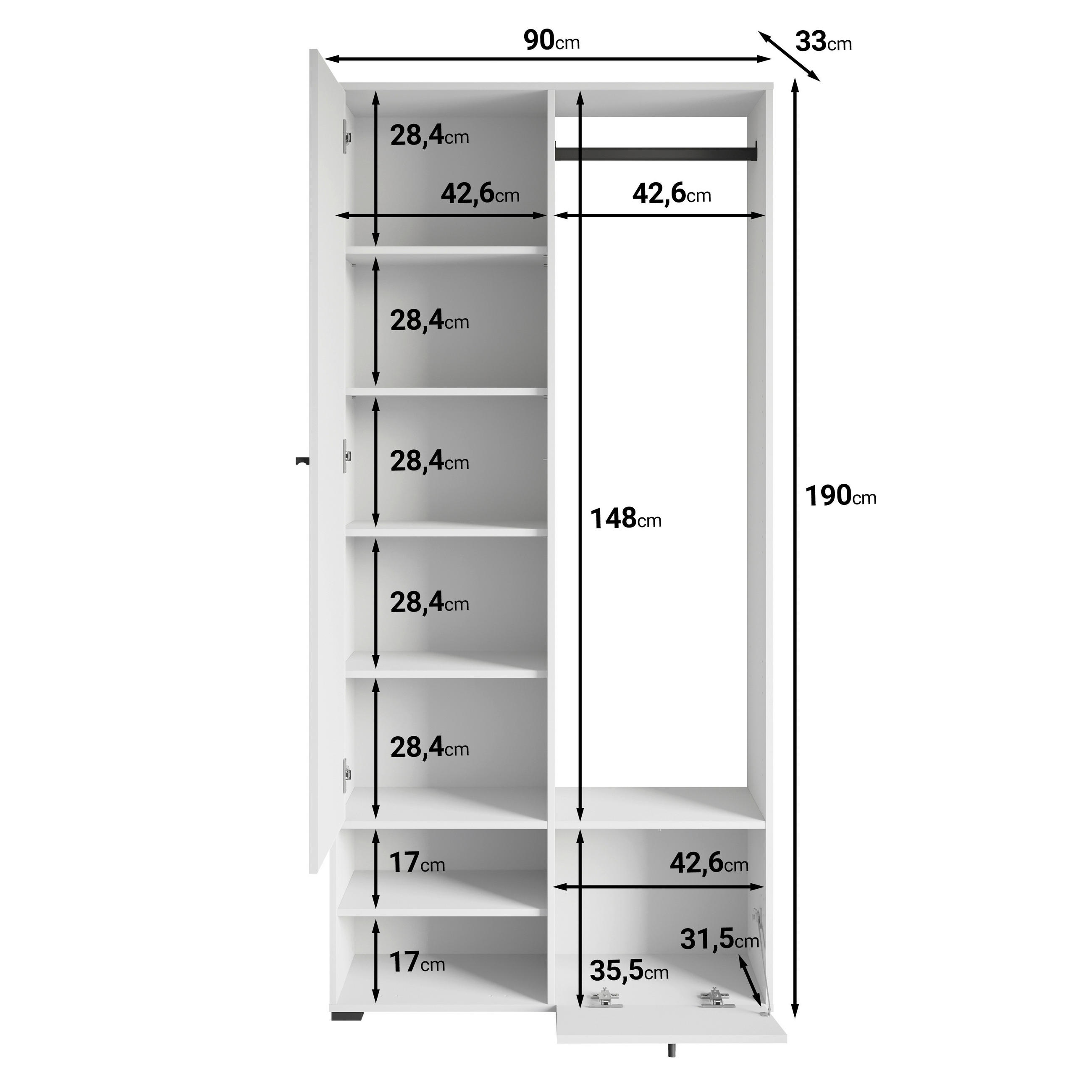 GARDEROBE  in 90/190/33 cm  - Schwarz, Trend, Holzwerkstoff (90/190/33cm) - P & B