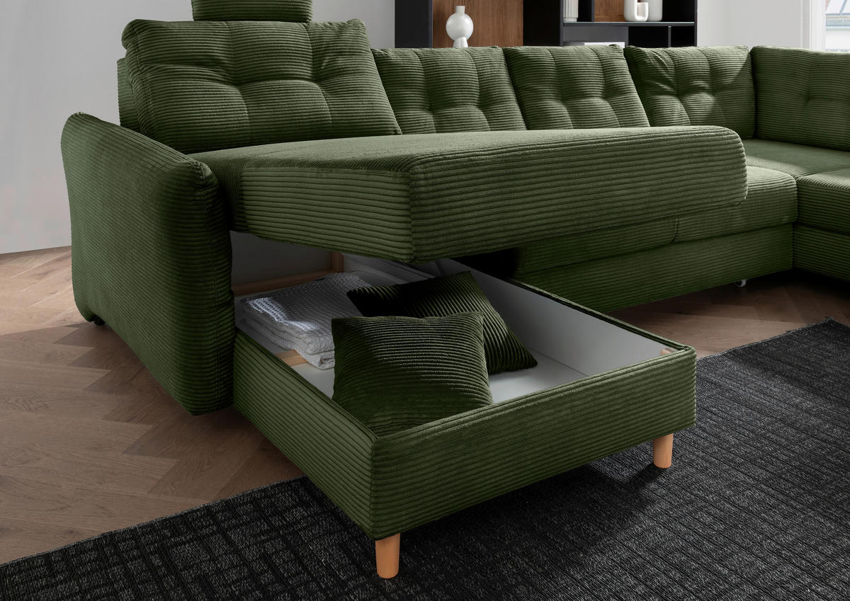 WOHNLANDSCHAFT in Cord Dunkelgrün  - Dunkelgrün/Naturfarben, Modern, Holz/Textil (176/338-352/206cm) - Livetastic