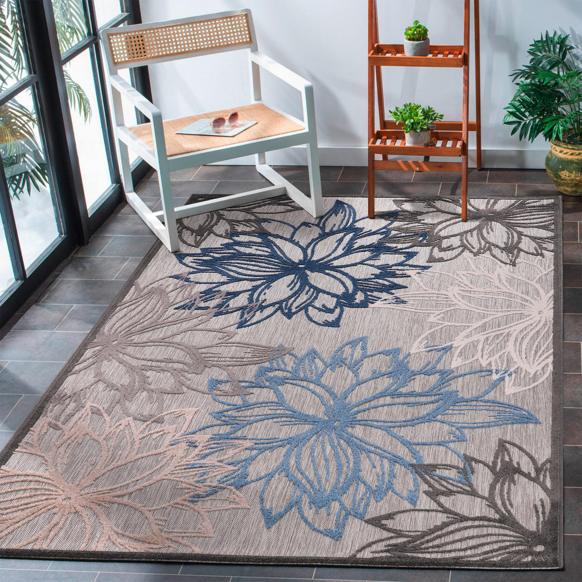 TEPIH ZA UNUTAR./VANJ. UPORAB 160/230 cm   plava, siva, bijela  Floral  - bijela/siva, Lifestyle, tekstil/plastika (160/230cm)
