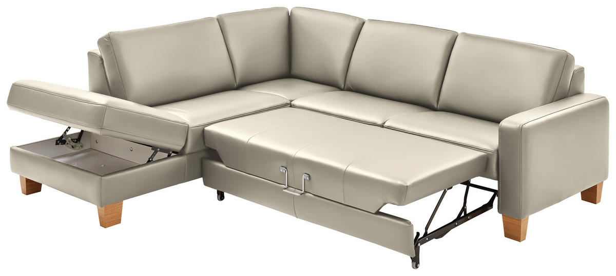 ECKSOFA in Echtleder Ecru  - Ecru/Eiche Bianco, Konventionell, Leder/Holz (235/257cm) - Valdera