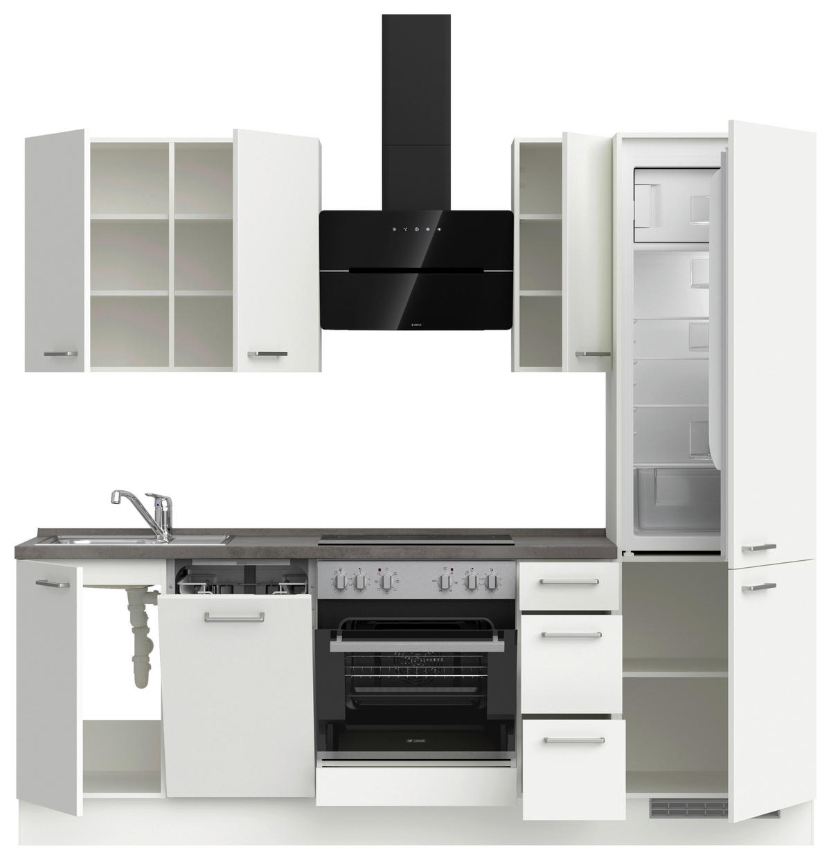 BUCĂTĂRIE FĂRĂ ELECTROCASNICE  - alb/culoare inox, Modern, metal/material pe bază de lemn (240cm) - Nobilia