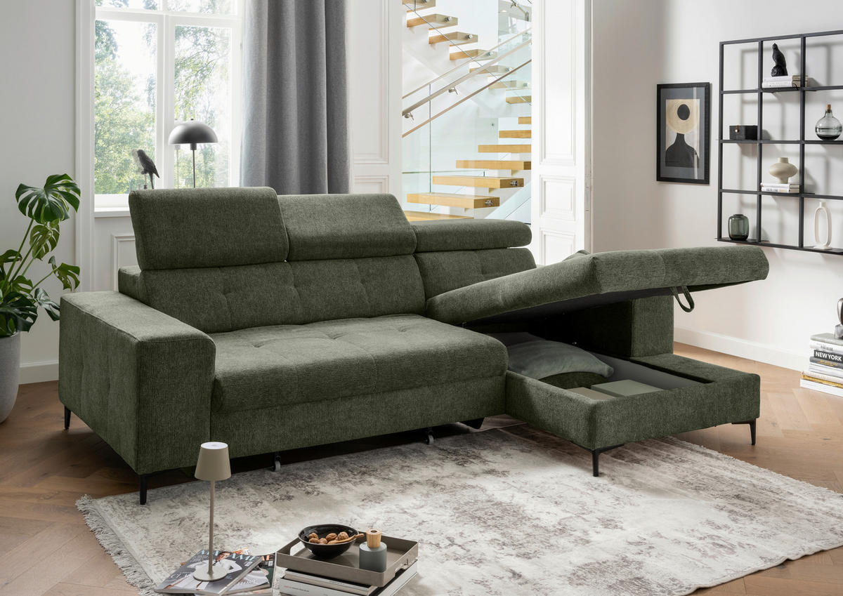 ECKSOFA Chenille Dunkelgrün  - Dunkelgrün/Schwarz, Basics, Textil/Metall (270/186cm) - Livetastic