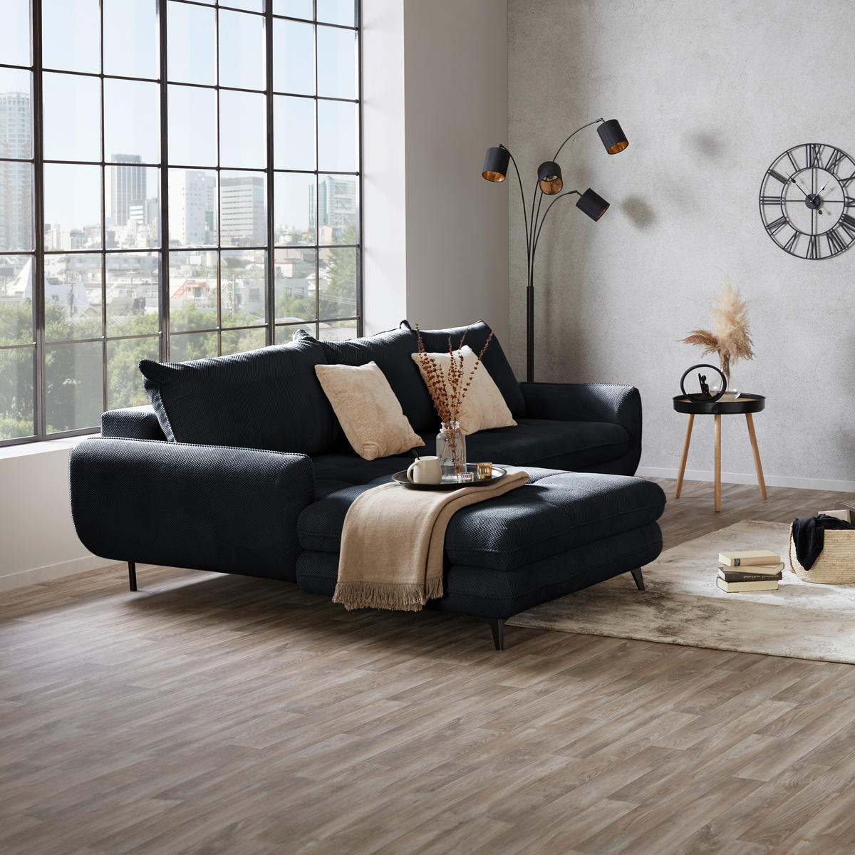 ECKSOFA WAVE Schwarz Struktur  - Beige/Schwarz, MODERN, Textil/Metall (189/266cm) - MID.YOU