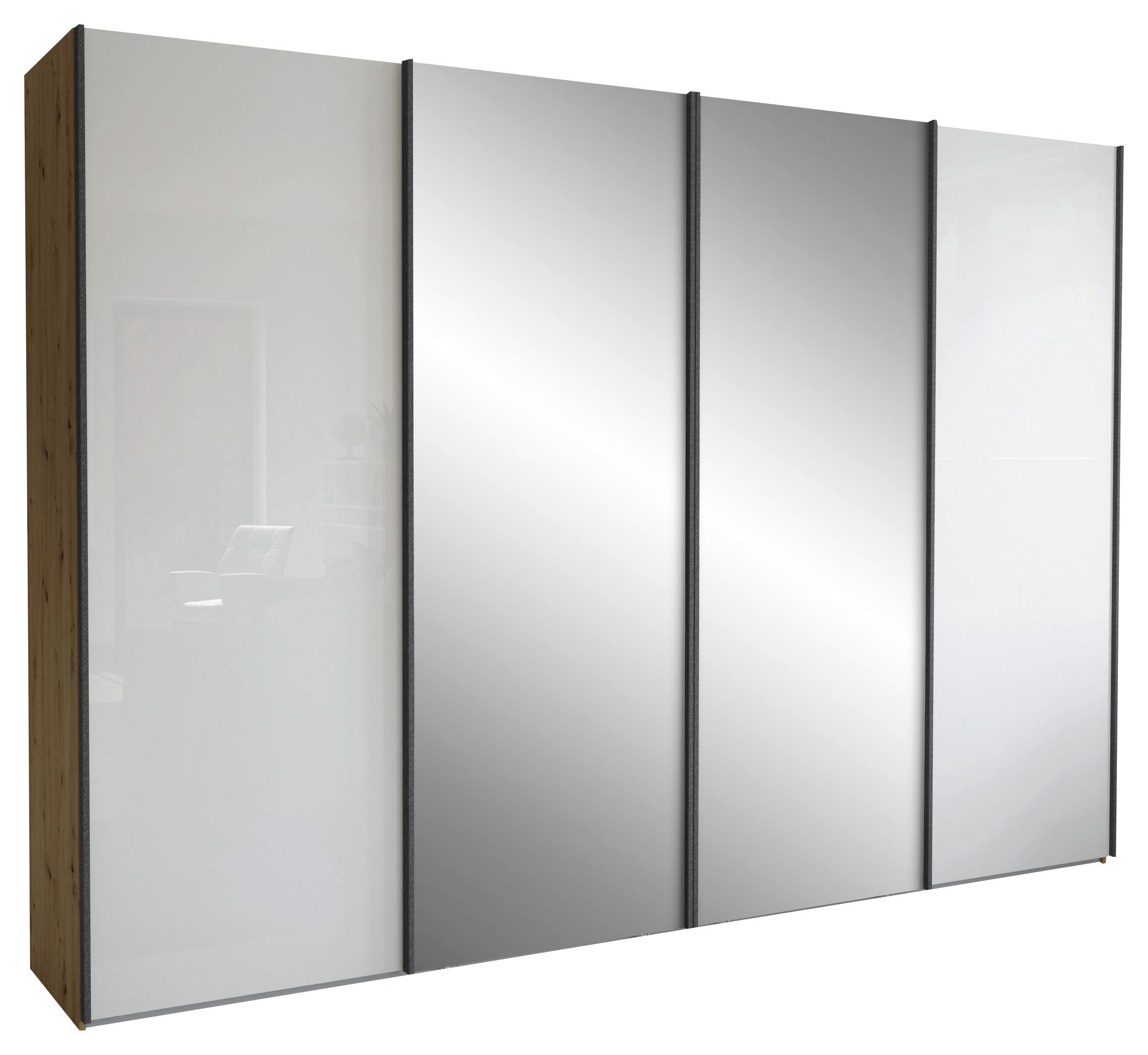 SCHWEBETÜRENSCHRANK 300/236/67 cm 4-türig Weiß, Eiche Bianco  - Schieferfarben/Eiche Bianco, KONVENTIONELL, Glas/Holzwerkstoff (300/236/67cm) - Dieter Knoll