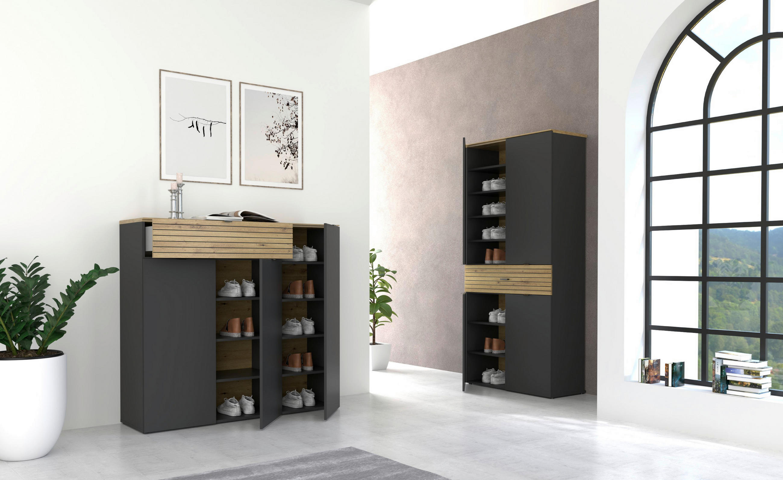 SCHUHSCHRANK 136/125/41 cm  - Schwarz/Graphitfarben, MODERN, Holzwerkstoff/Metall (136/125/41cm) - Voleo